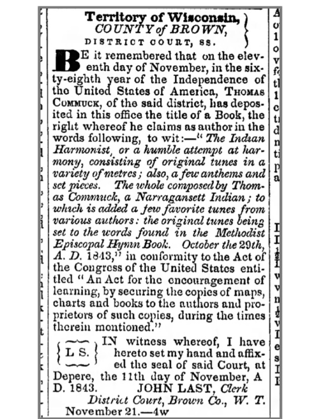 “Be it remembered”–1843 Copyright Claim by Thomas Commuck (Narragansett / Brothertown) for his tunebook The Indian Harmonist